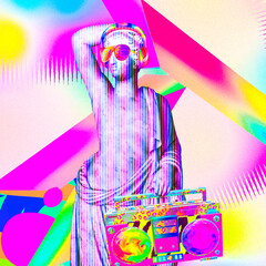 Contemporary art minimal concept collage. Antique statue male and Dj stuff. Back in 90s party style. Zine and vapor wave cuture