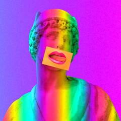 Contemporary art minimal concept collage. Antique statue male and human mouth. Rainbow colors....