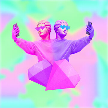 Contemporary art concept collage. Antique statue head and human body. Male selfie lover. Zine and vapor wave culture vibes
