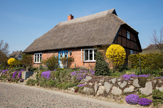 Thatched-roof house, Gross Zicker, Moenchgut, Ruegen, Germany