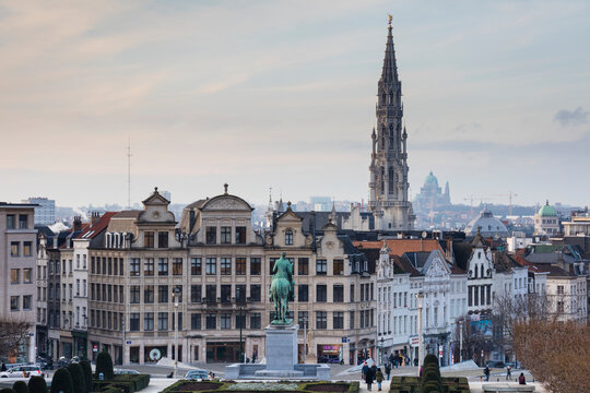 Belgium, Brussels, View from Mont des Arts, Townhall and lower city