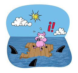 Cute scared pig character on a wooden raft in the middle of the ocean surrounded by sharks. Cartoon style vector illustration.