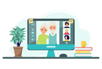Grandparents communicate via video chat with their loved ones. Family meeting online. Vector illustration in flat style