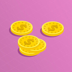 Fototapeta premium A heap of gold dollars coins. Several stacks and piles of money. Finance and cash concept. Big money. Vector flat illustration