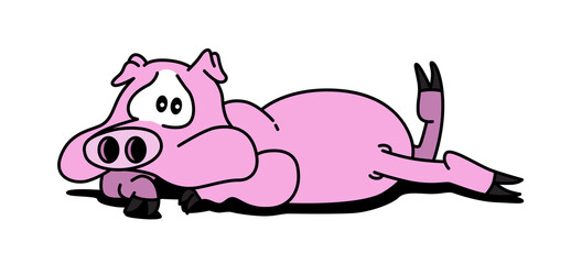 Cute pig lying on the floor. Cartoon style vector illustration isolated on white background.