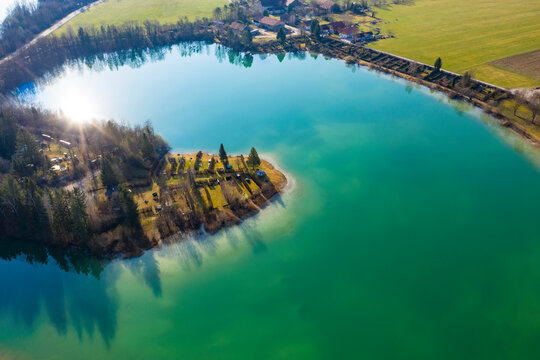 Germany, Bavaria, Konigsdorf, Drone view of Bibisee lake