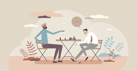 Playing chess and strategy thinking for board game win tiny person concept. Intelligence and brain teaser sport to develop move making decision skills and achieve concentration vector illustration.