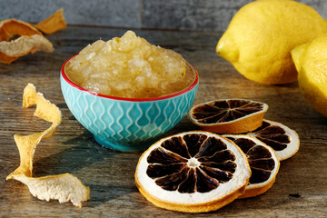 Lemon marmalade in bowl. Portion of organic lemon fruit jam.