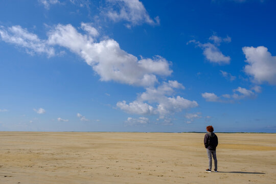 Full length rear view of young man standing at beach while looking at landscape against blue sky on sunny day
