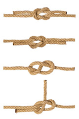 Collection ropes. Macro of figure eight node from two brown ropes, of figure clove hitch node and of figure rolling hitch node isolated on white background. Set of Navy and angler or sailors knot.
