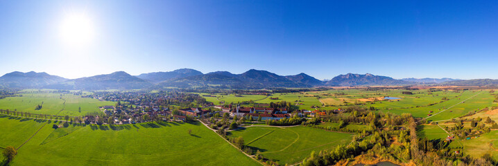 Germany, Bavaria, Benediktbeuern, Drone view of village in Alpine Foothills in summer