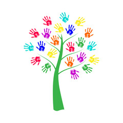 Hand print tree with colorful leaves. Vector hand-drawn illustration