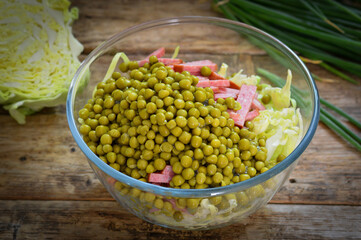 Canned peas for salad preparation.