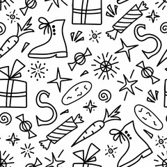 Simple hand-drawn vector seamless pattern in doodle style. Celebration of St. Nicholas Day, Sinterklaas. For prints of wrapping paper, gifts, textile products.