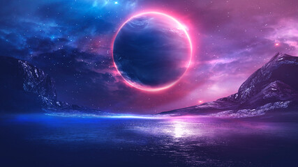 Futuristic fantasy landscape, sci-fi landscape with planet, neon light, cold planet. 3d illustration. 