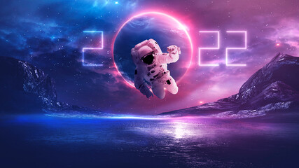 Obraz na płótnie Canvas Futuristic fantasy landscape, sci-fi landscape with planet, neon light, cold planet. Flying astronaut. Elements of this image courtesy of NASA. 3d illustration. 