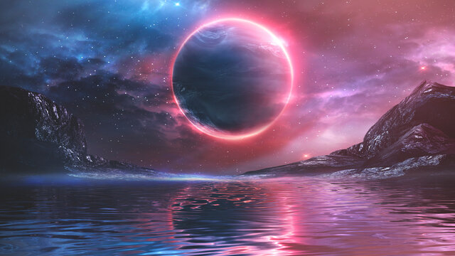 Futuristic fantasy landscape, sci-fi landscape with planet, neon light, cold planet. 3d illustration. 