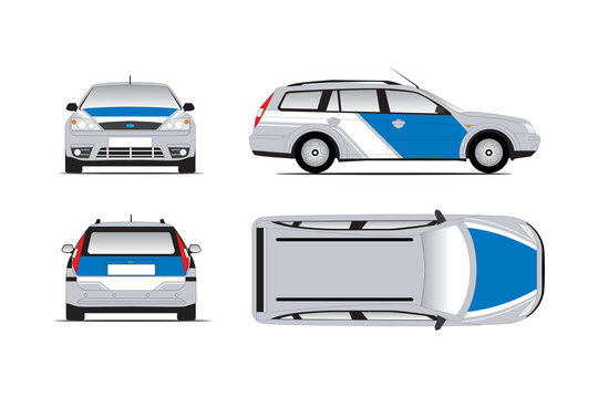 Car Template For Vehicle Branding. Family Sedan Isolated. View From Side, Top, Front, Back. Vector Illustration On White Background. Easy Editing And Recolor