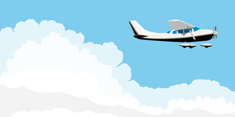 Naklejka na ściany i meble Small single engine airplane cessna flying in blue sky with clouds