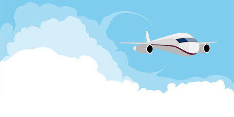 Airplane flying in blue sky with clouds