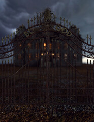 Closed iron gate of an abandoned and dilapidated spooky mansion with illuminated windows under a...