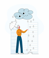 Vector flat illustration with a rain cloud and a man under an umbrella. The concept of protection, weather, mood, metaphor of sadness, problems. You can use elements in web design, banners, etc.