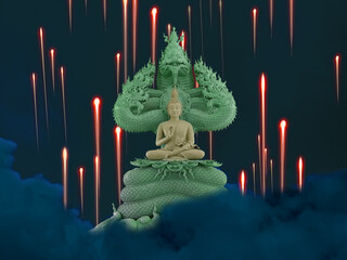 naga fire balls, Buddha protected by hood of mythical king naga night sky - obrazy, fototapety, plakaty