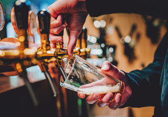 bartender hand at beer tap pouring a draught beer in glass serving in a bar or pub