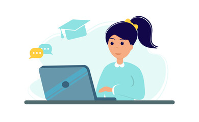 Fototapeta na wymiar Online education during coronavirus outbreak concept. Girl studying with laptop and books. Stay at home. Self-isolation. Vector illustration in flat style