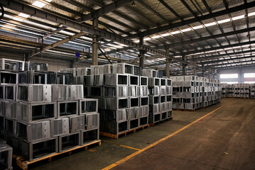 Neatly stacked steel plate raw materials inside the factory