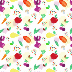 Seamless pattern on a white background. World Food Day. October 16. Vegetables and fruits, mushrooms, herbs and spices. Suitable for textiles and packaging.