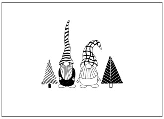 Greeting card with cute hand drawn gnomes and Christmas trees. Vector print in Scandinavian style
