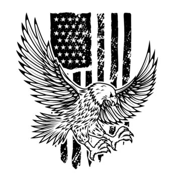 Eagle on american flag background. Design element for logo, emblem, sign, poster, t shirt. Vector illustration