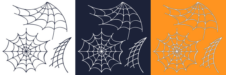 Halloween decor set. Drawn vector spider web in cartoon style. Illustration in white, dark and orange colors.