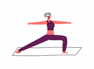 Vector flat image with a yoga exercise by woman on mat, she stands in pose, warrior s asana. Concept of lifestyle, harmony, health, activity, hobby. You can use the element in web design, banners, etc