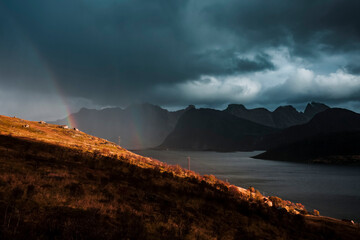 Norway, Lofoten Islands, rainbow, near Kvalvika Beach