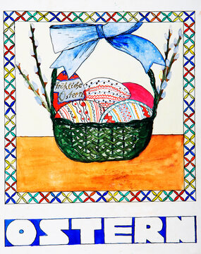 Children's painting of wickerbasket with painted Easter eggs