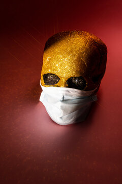 Studio shot of human skull wearing protective face mask