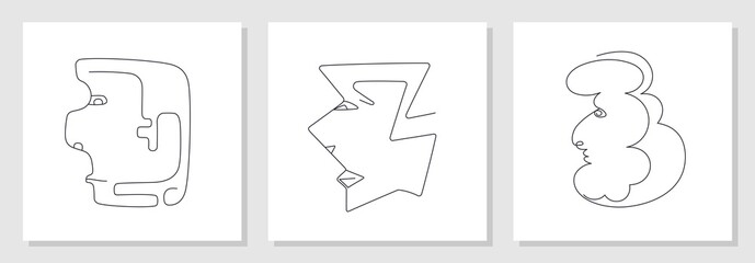 Trendy abstract faces set. Funny caricatures. Side view in profile. Contemporary minimal lineart vector illustrations.