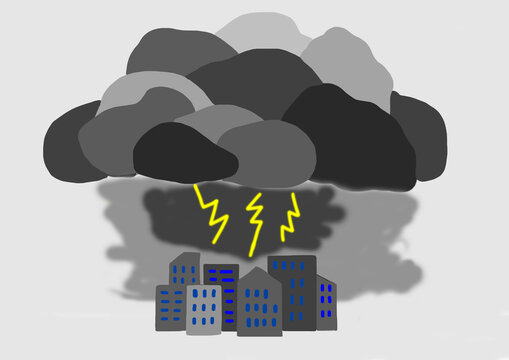 Child's drawing of a thunderstorm above houses