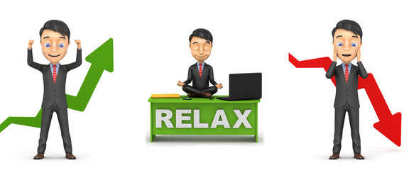 3d businessman relaxing at work. Successful businessman with a green arrow. Businessman with red arrow falling. 3d render illustration.