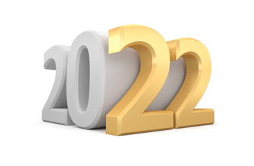 Gold and white numbers 2022 on a white background. 3d render illustration.