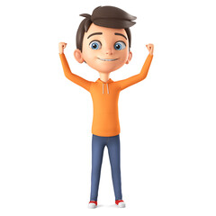 Cartoon character boy in orange sweatshirt celebrating the achievement of a goal. 3d render illustration.