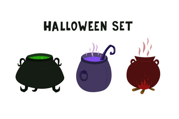 Set for happy halloween party. Poster with witch's cauldron with potion and lettering halloween. Hand drawing vector clip art graphic elements for creative design, printable textile, decor, poster.