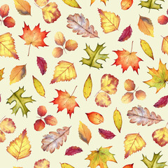 Seamless colorful pattern of watercolor autumn leaves - obrazy, fototapety, plakaty