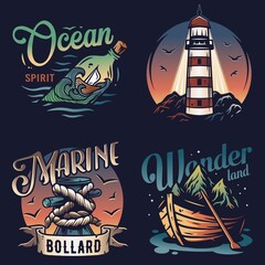Nautical or oceanic design for print. Sea set with bottle and boat. Marine bollard, rope and lighthouse