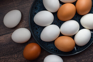 Breakfast ingredient on rustic wooden background. Top view, flat lay.