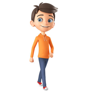 Cartoon character boy in an orange sweatshirt is walking. 3d render illustration.