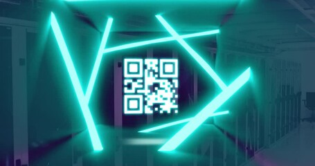 Animation of qr code flashing with neon green lights over computer servers - Powered by Adobe