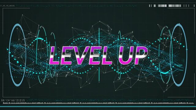 Animation of level up text over spinning green network of connections